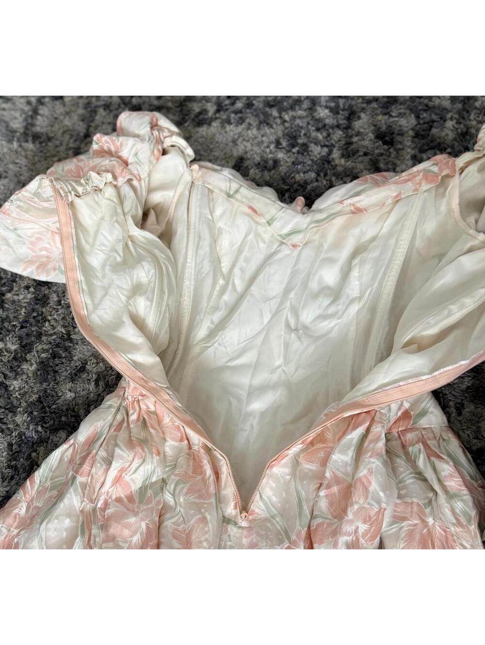 Blush Pink Floral Chiffon Midi Dress Off Shoulder Coquette 80s S Vintage - Picture 4 of 7